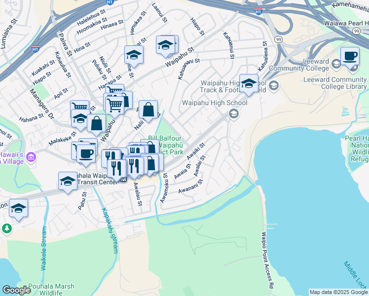 map of restaurants, bars, coffee shops, grocery stores, and more near 94-1055 Kahuamoku Street in Waipahu