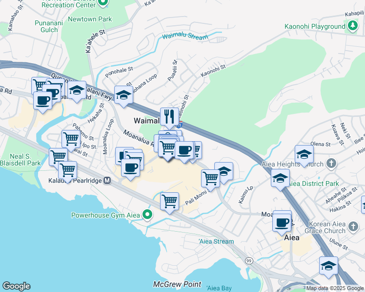 map of restaurants, bars, coffee shops, grocery stores, and more near 98-281 Kaonohi Street in Aiea