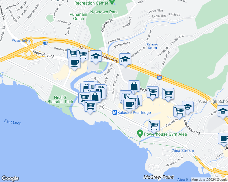 map of restaurants, bars, coffee shops, grocery stores, and more near 98-626 Moanalua Loop in Aiea
