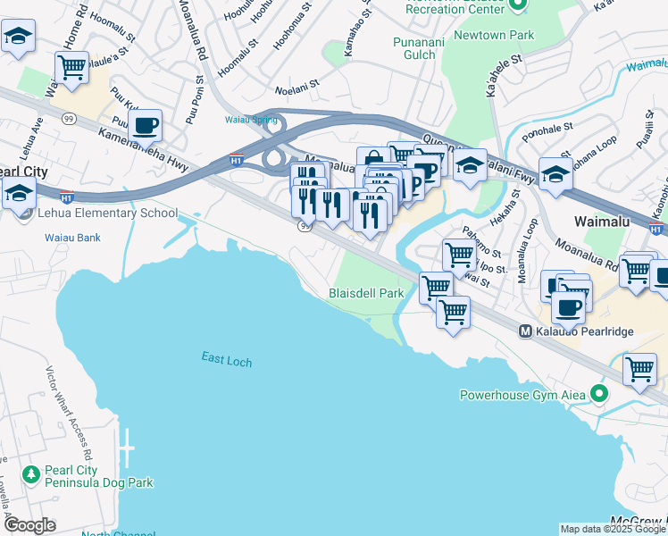 map of restaurants, bars, coffee shops, grocery stores, and more near 98-241 Kaluamoi Place in Pearl City