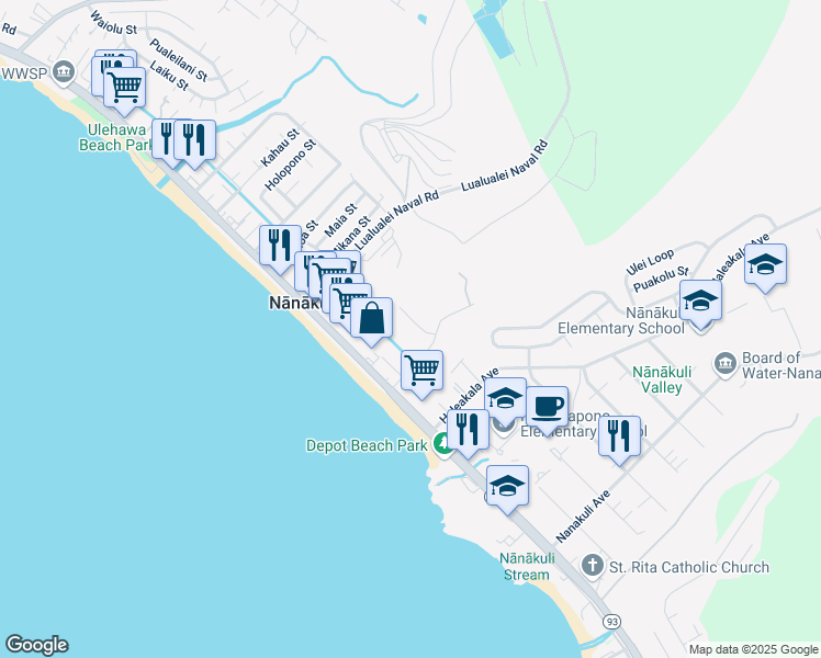 map of restaurants, bars, coffee shops, grocery stores, and more near 87-21317 Helelua Place in Waianae