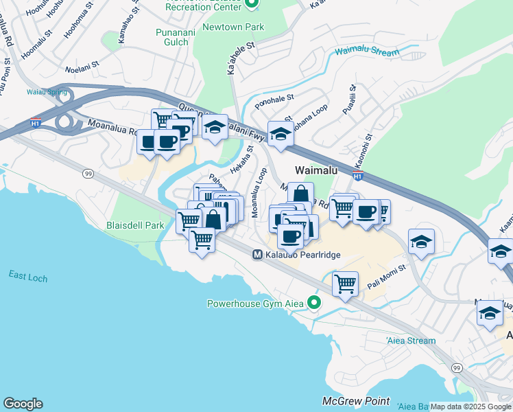 map of restaurants, bars, coffee shops, grocery stores, and more near 98-626 Moanalua Loop in Aiea