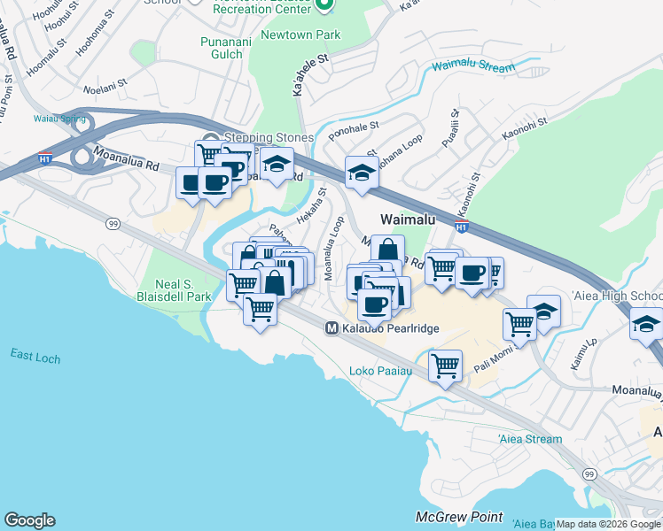 map of restaurants, bars, coffee shops, grocery stores, and more near 98-630 Moanalua Loop in Aiea