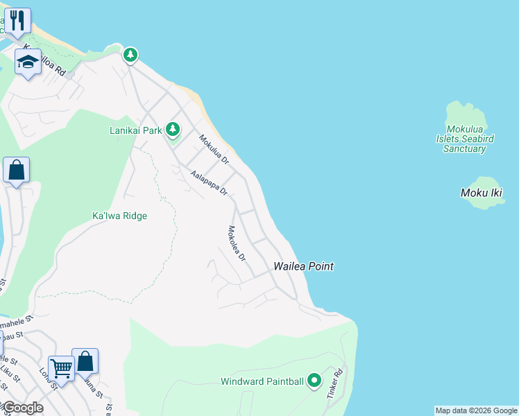 map of restaurants, bars, coffee shops, grocery stores, and more near 1286 Mokulua Drive in Kailua