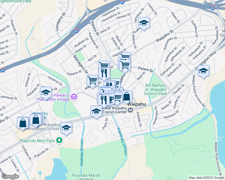 map of restaurants, bars, coffee shops, grocery stores, and more near 94 Makaaloha Street in Waipahu