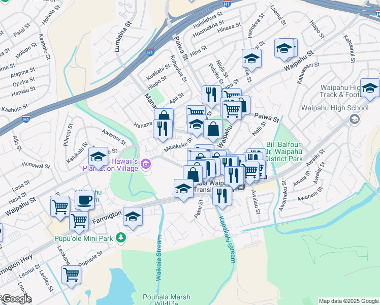 map of restaurants, bars, coffee shops, grocery stores, and more near 94 Malakeke Place in Waipahu