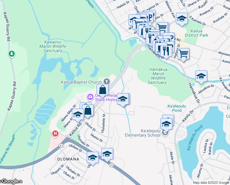 map of restaurants, bars, coffee shops, grocery stores, and more near 1105 Uluopihi Loop in Kailua