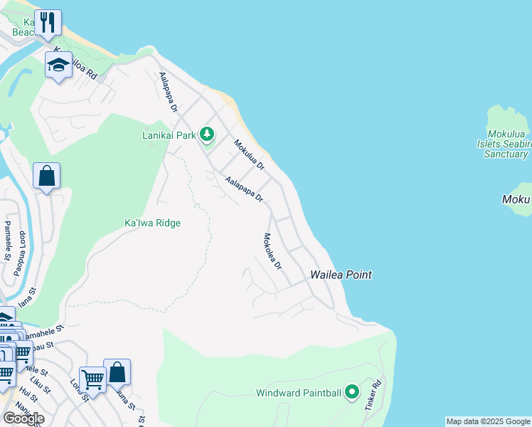 map of restaurants, bars, coffee shops, grocery stores, and more near in Kailua