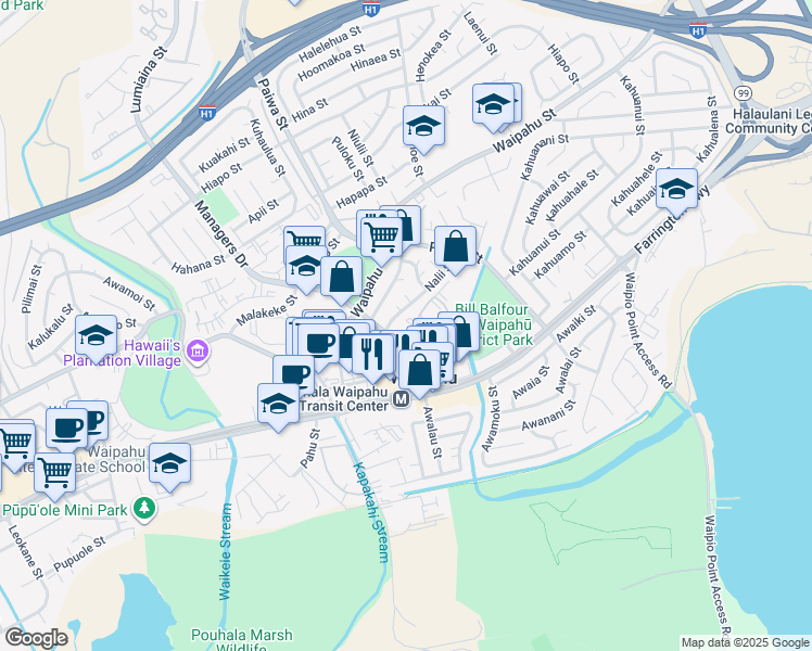 map of restaurants, bars, coffee shops, grocery stores, and more near 94-969 Nalii Street in Waipahu