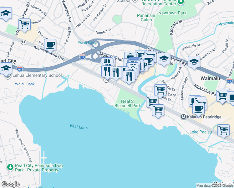 map of restaurants, bars, coffee shops, grocery stores, and more near 98-231 Kaluamoi Place in Pearl City