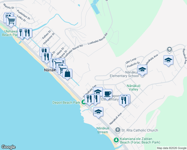 map of restaurants, bars, coffee shops, grocery stores, and more near 87-2052 Helelua Place in Waianae