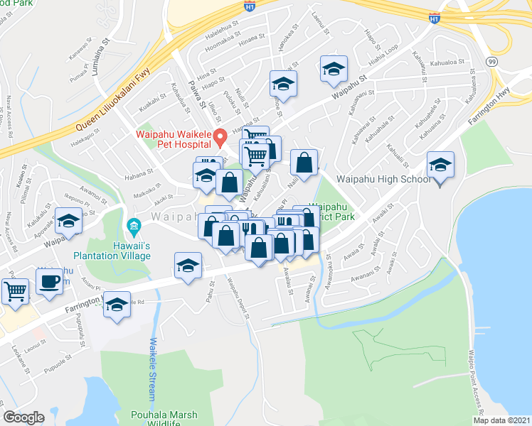map of restaurants, bars, coffee shops, grocery stores, and more near 94-969 Nalii Street in Waipahu
