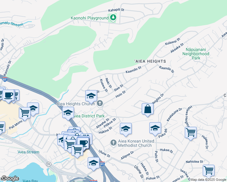 map of restaurants, bars, coffee shops, grocery stores, and more near 98 Neki Street in Aiea
