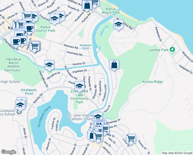 map of restaurants, bars, coffee shops, grocery stores, and more near 557 Wanaao Road in Kailua