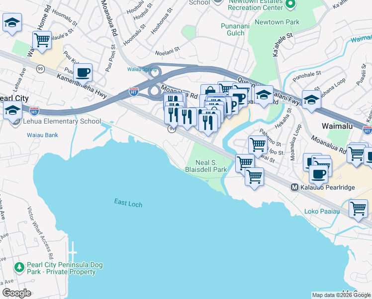 map of restaurants, bars, coffee shops, grocery stores, and more near 98-241 Kaluamoi Place in Pearl City