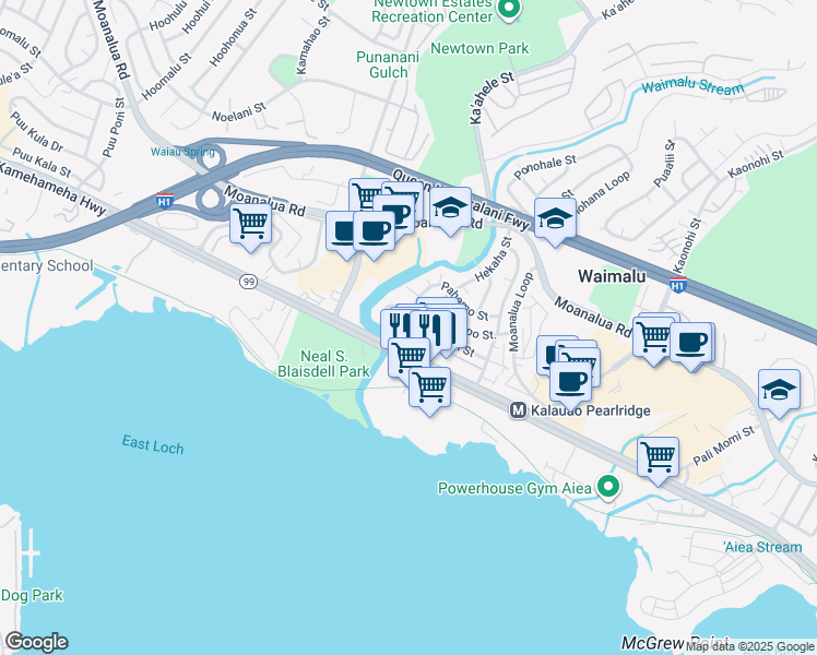 map of restaurants, bars, coffee shops, grocery stores, and more near 98-3 Lokowai Street in Aiea