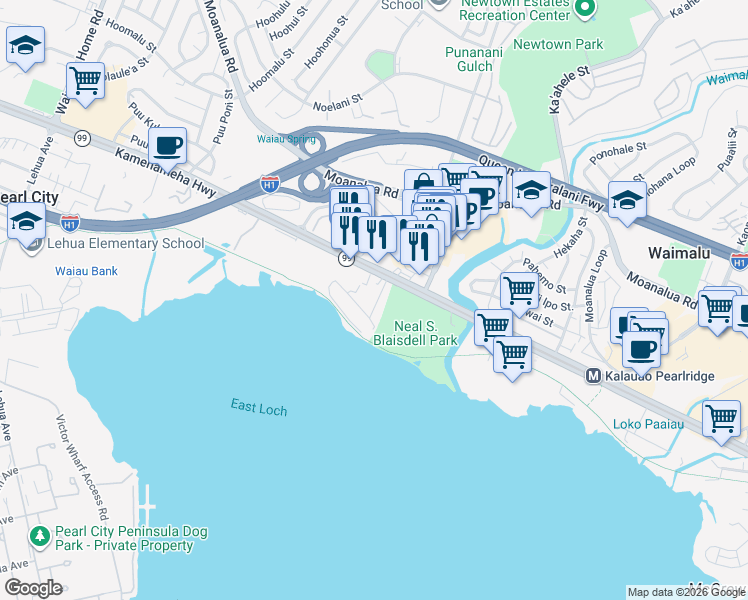map of restaurants, bars, coffee shops, grocery stores, and more near 98-241 Kaluamoi Place in Pearl City