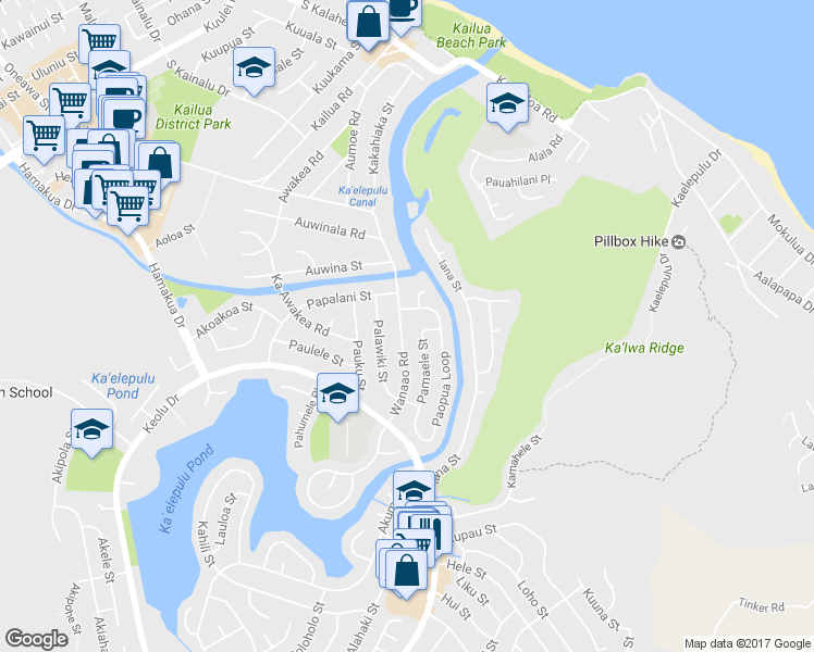 map of restaurants, bars, coffee shops, grocery stores, and more near 557 Wanaao Road in Kailua