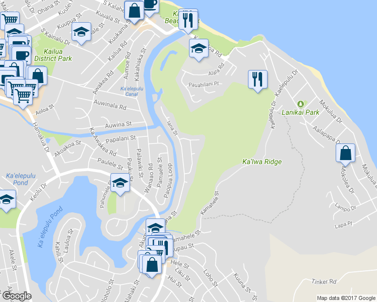 map of restaurants, bars, coffee shops, grocery stores, and more near 538 Paokano Loop in Kailua