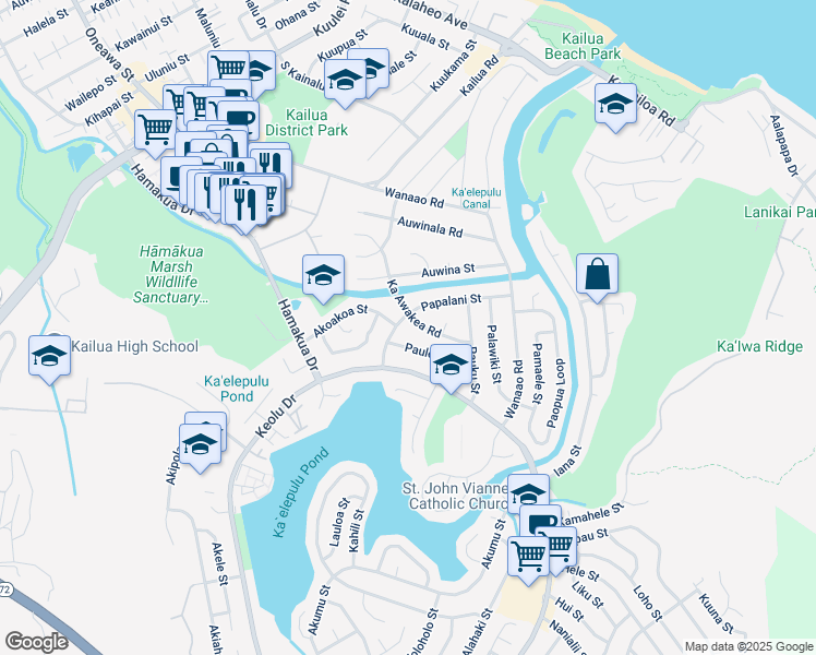 map of restaurants, bars, coffee shops, grocery stores, and more near 609 Papalani Street in Kailua