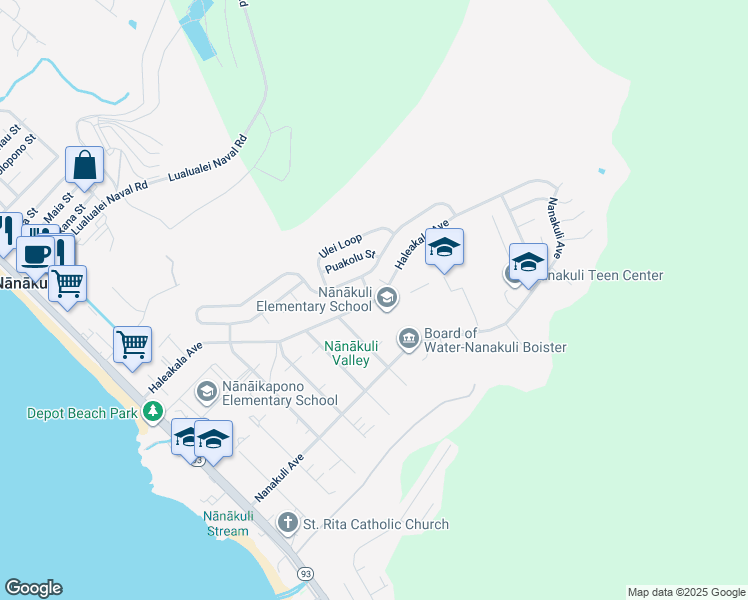 map of restaurants, bars, coffee shops, grocery stores, and more near 89 Haleakala Avenue in Waianae