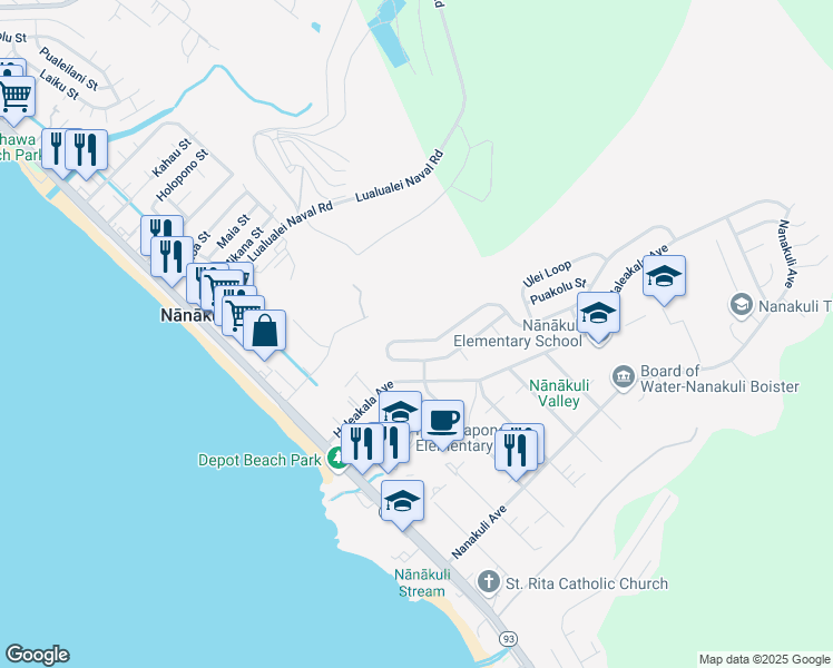 map of restaurants, bars, coffee shops, grocery stores, and more near 89-344 Mokiawe Street in Waianae