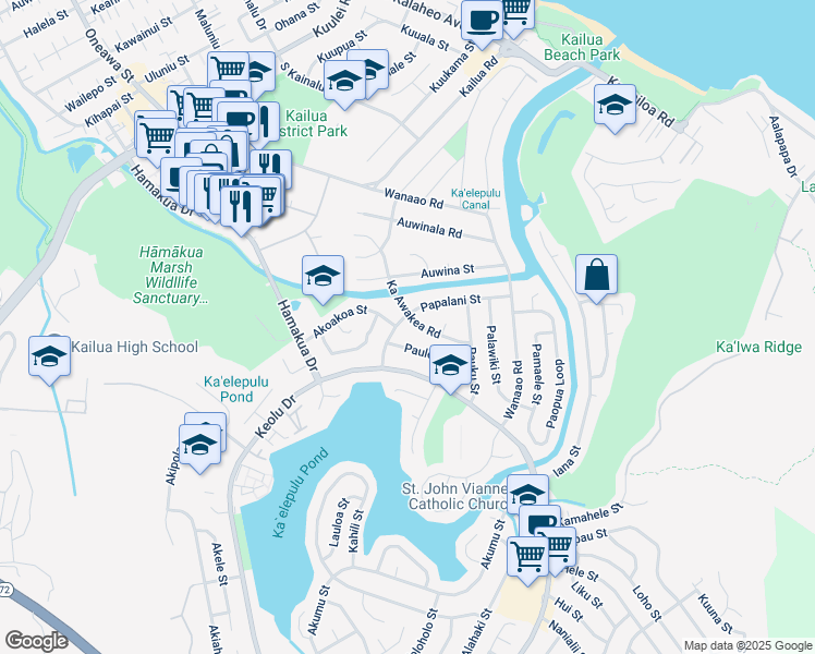 map of restaurants, bars, coffee shops, grocery stores, and more near 609 Papalani Street in Kailua