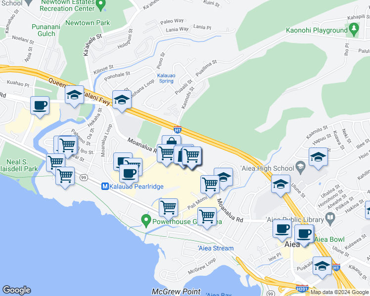 map of restaurants, bars, coffee shops, grocery stores, and more near 98-297 Ualo Street in Aiea