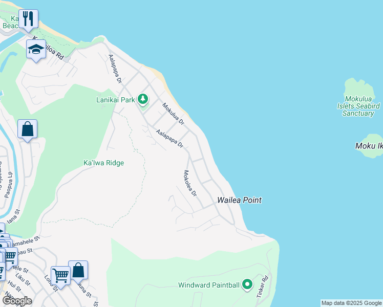 map of restaurants, bars, coffee shops, grocery stores, and more near in Kailua