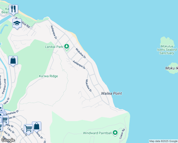 map of restaurants, bars, coffee shops, grocery stores, and more near 1242 Aalapapa Drive in Kailua