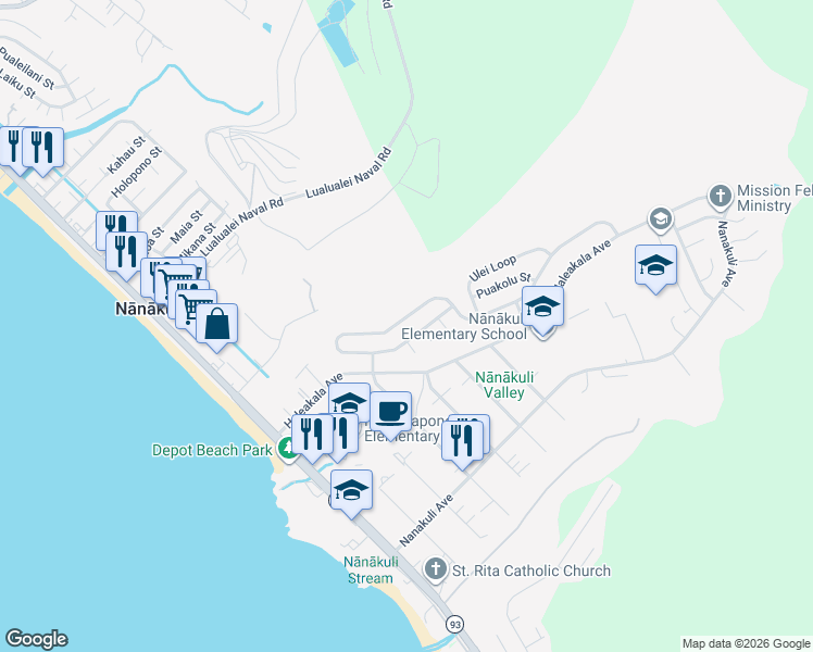 map of restaurants, bars, coffee shops, grocery stores, and more near 89-373 Mokiawe Street in Waianae