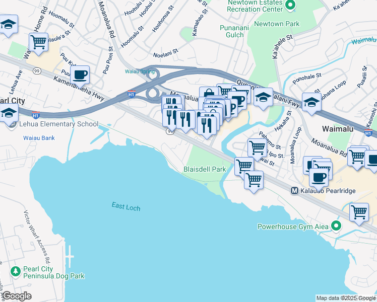 map of restaurants, bars, coffee shops, grocery stores, and more near 98-241 Kaluamoi Place in Pearl City