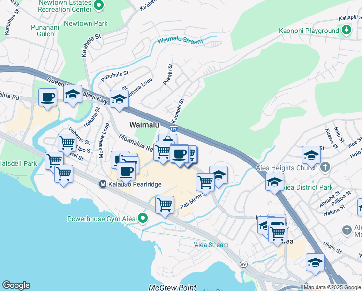 map of restaurants, bars, coffee shops, grocery stores, and more near 98-297 Ualo Street in Aiea