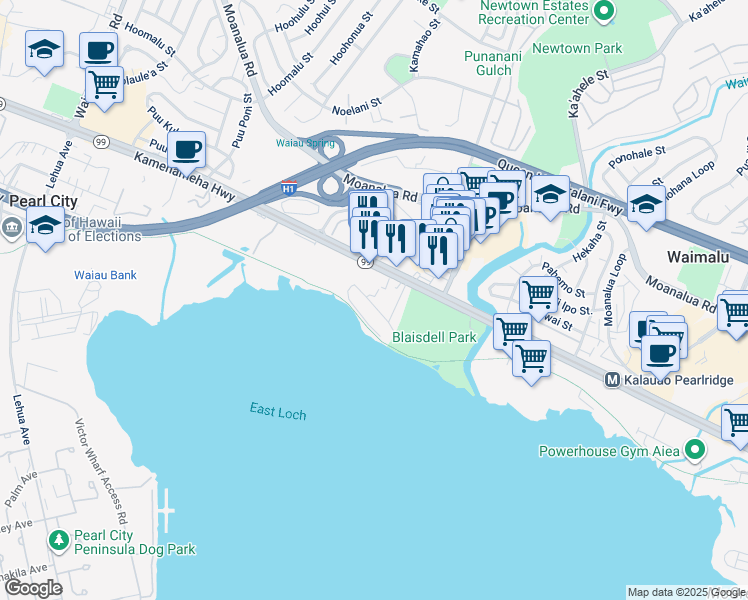 map of restaurants, bars, coffee shops, grocery stores, and more near 98-120 Kaluamoi Place in Pearl City