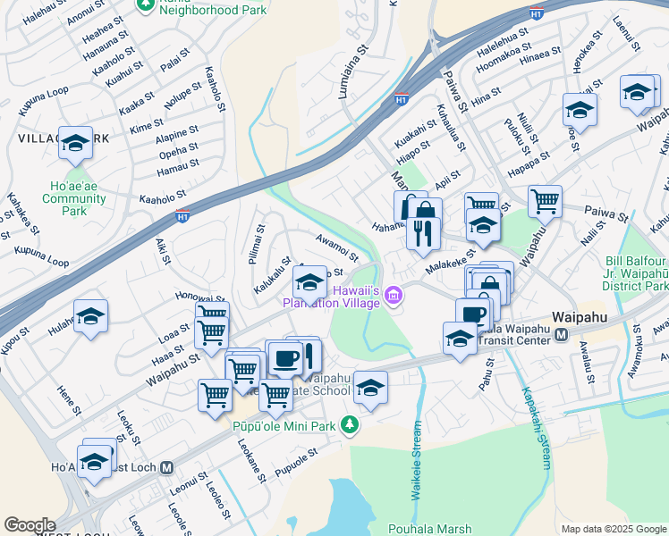 map of restaurants, bars, coffee shops, grocery stores, and more near 94-326 Ikepono Place in Waipahu