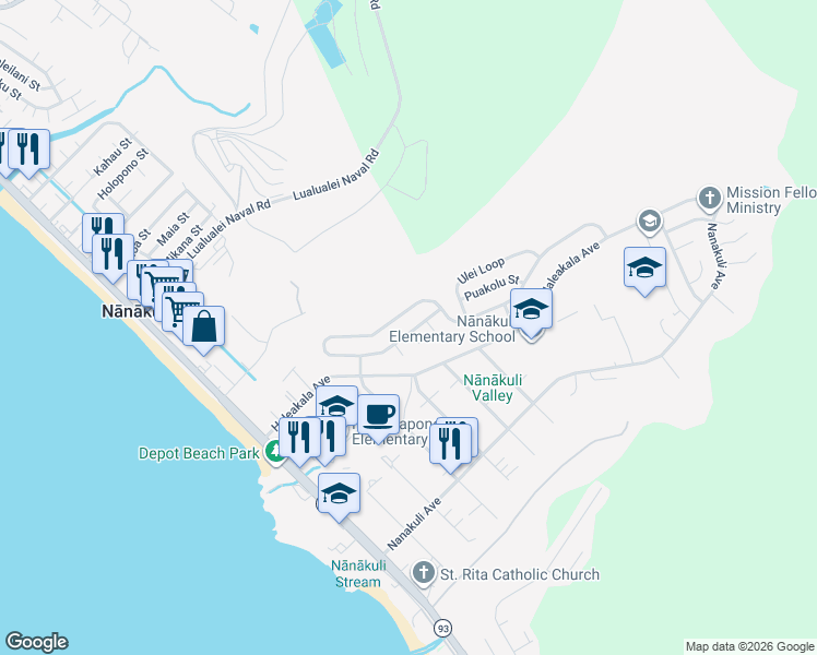 map of restaurants, bars, coffee shops, grocery stores, and more near 89-373 Mokiawe Street in Waianae