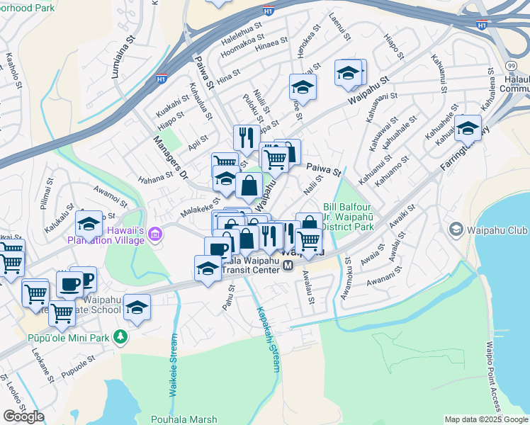 map of restaurants, bars, coffee shops, grocery stores, and more near 94 Mokuola Street in Waipahu