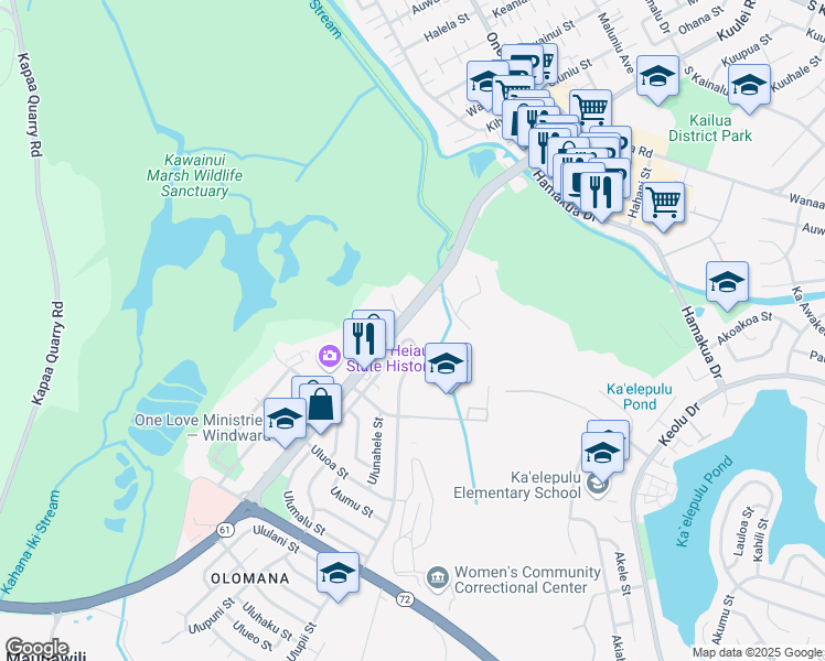 map of restaurants, bars, coffee shops, grocery stores, and more near 1105 Uluopihi Loop in Kailua