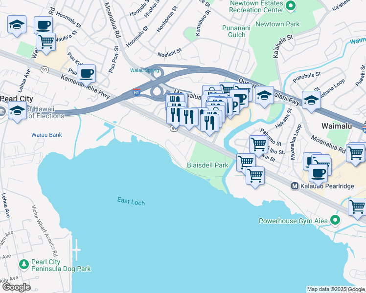 map of restaurants, bars, coffee shops, grocery stores, and more near 98-120 Kaluamoi Place in Pearl City