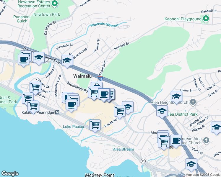 map of restaurants, bars, coffee shops, grocery stores, and more near 98-1038 Moanalua Road in Aiea