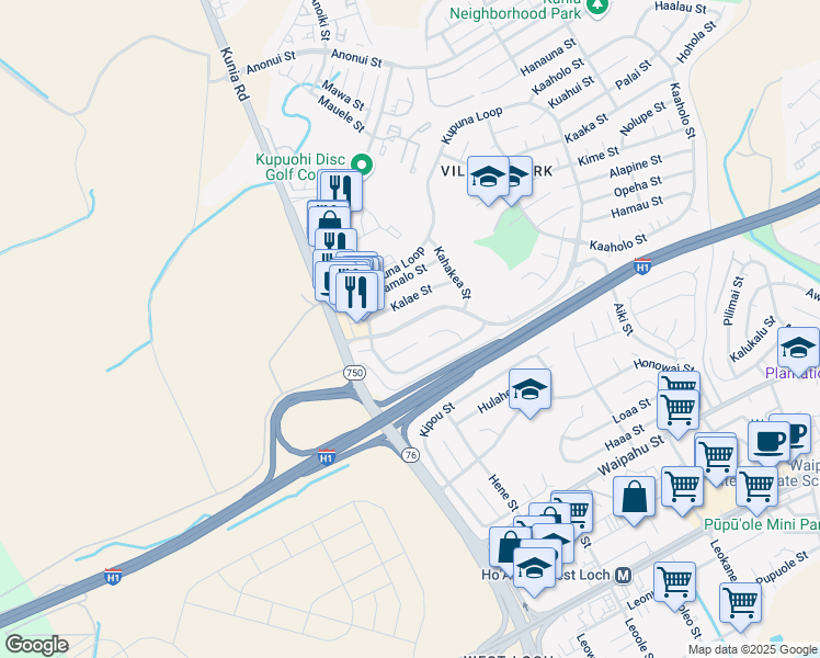 map of restaurants, bars, coffee shops, grocery stores, and more near 94-159 Kupuna Loop in Waipahu