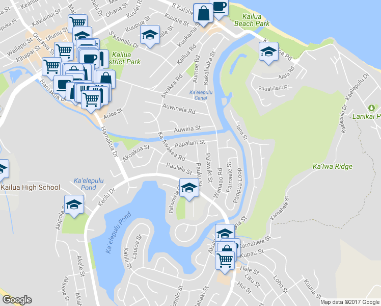 map of restaurants, bars, coffee shops, grocery stores, and more near 543 Ka Awakea Place in Kailua