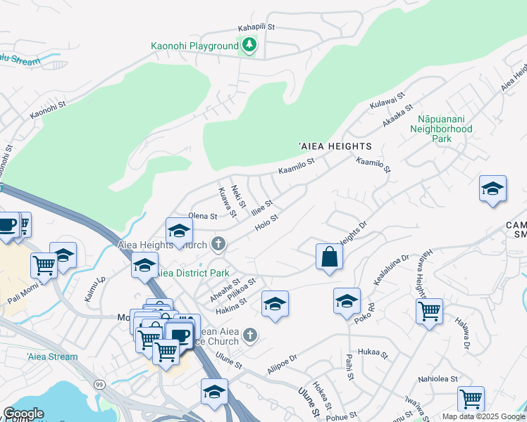 map of restaurants, bars, coffee shops, grocery stores, and more near 98-955 Iliee Street in Aiea