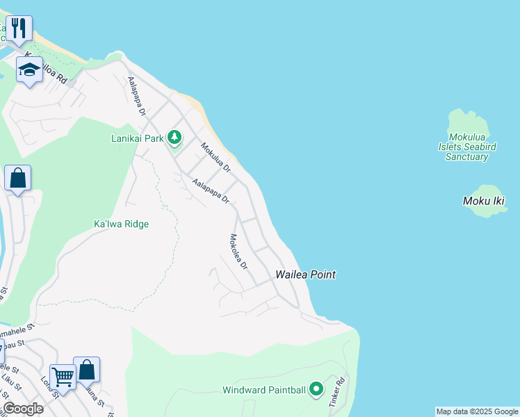 map of restaurants, bars, coffee shops, grocery stores, and more near 1286 Mokulua Drive in Kailua