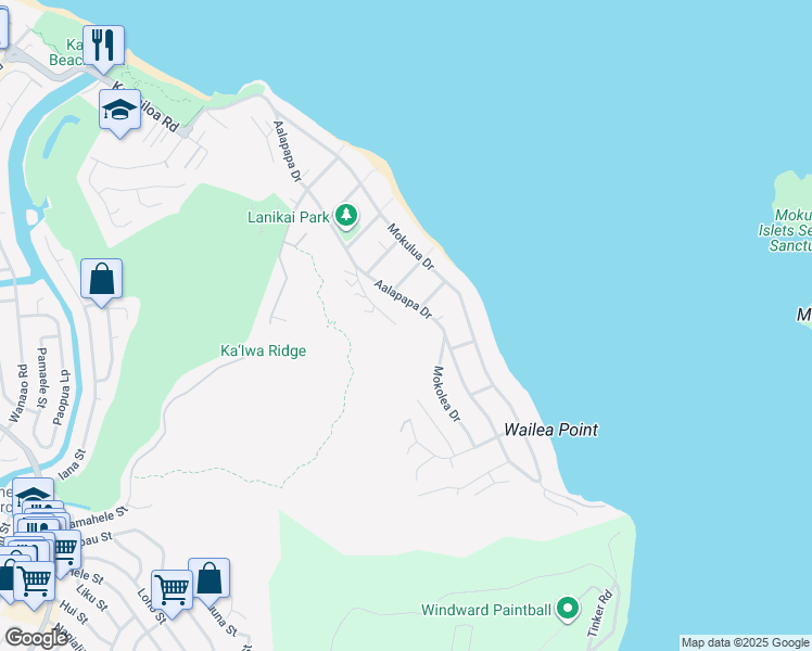map of restaurants, bars, coffee shops, grocery stores, and more near 1142 Koohoo Place in Kailua