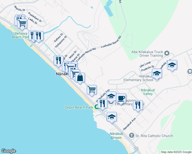 map of restaurants, bars, coffee shops, grocery stores, and more near 87-1786 Helelua Place in Waianae