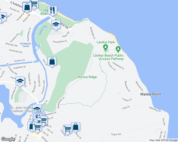 map of restaurants, bars, coffee shops, grocery stores, and more near 387 Kaelepulu Drive in Kailua