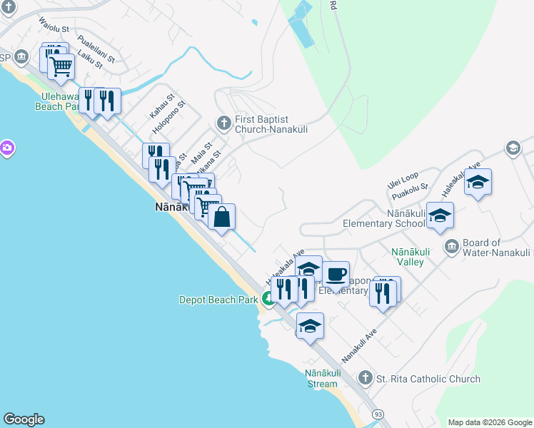 map of restaurants, bars, coffee shops, grocery stores, and more near 87-1786 Helelua Place in Waianae