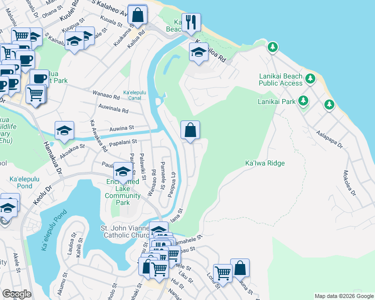 map of restaurants, bars, coffee shops, grocery stores, and more near 538 Paokano Loop in Kailua