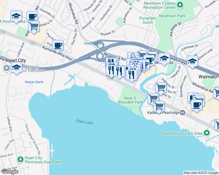 map of restaurants, bars, coffee shops, grocery stores, and more near 98-120 Kaluamoi Place in Pearl City